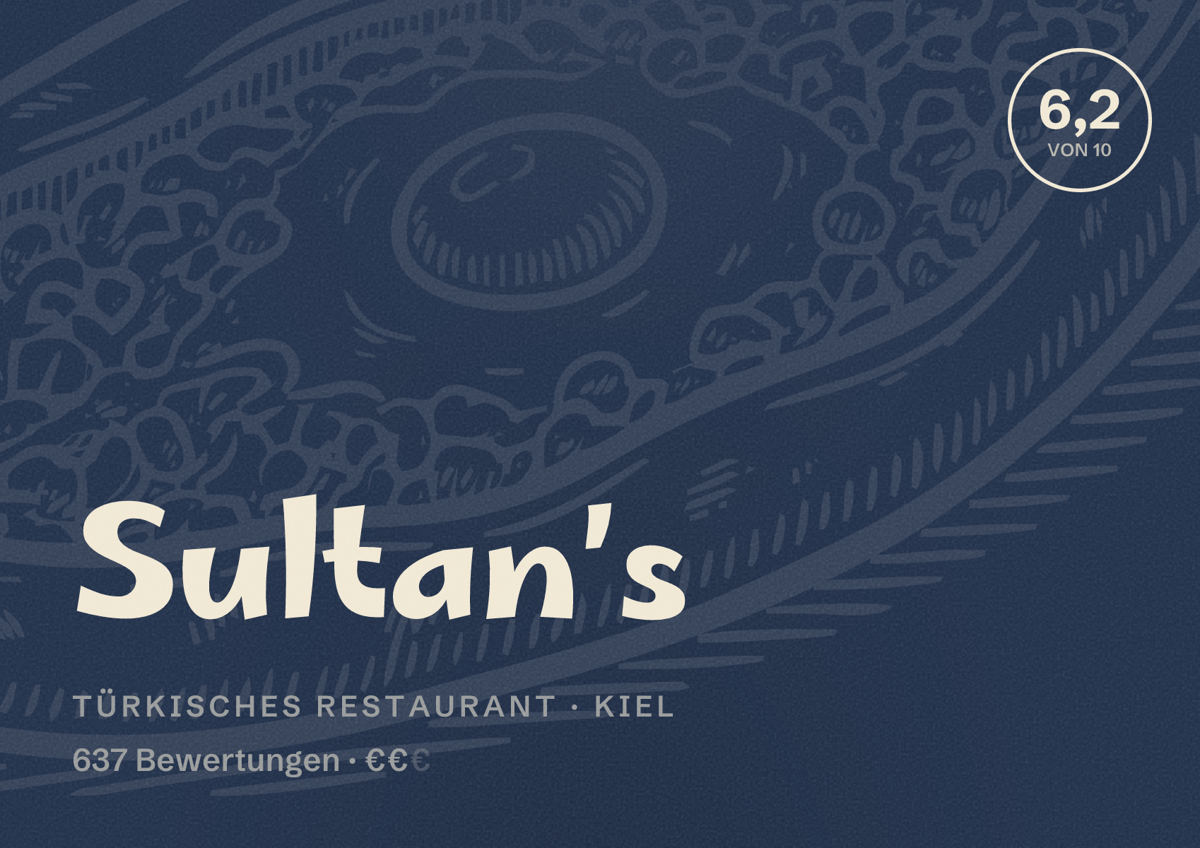 Illustriertes Poster von Sultan’s, Türkisches Restaurant in Kiel: Bewertung 6,2 von 10 aus 637 Bewertungen, Preisniveau €€