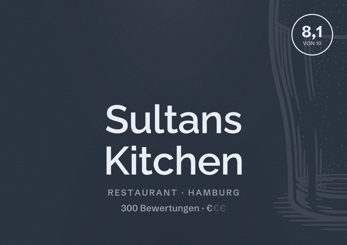 Illustriertes Poster von Sultans Kitchen, Restaurant in Hamburg: Bewertung 8,1 von 10 aus 300 Bewertungen, Preisniveau €