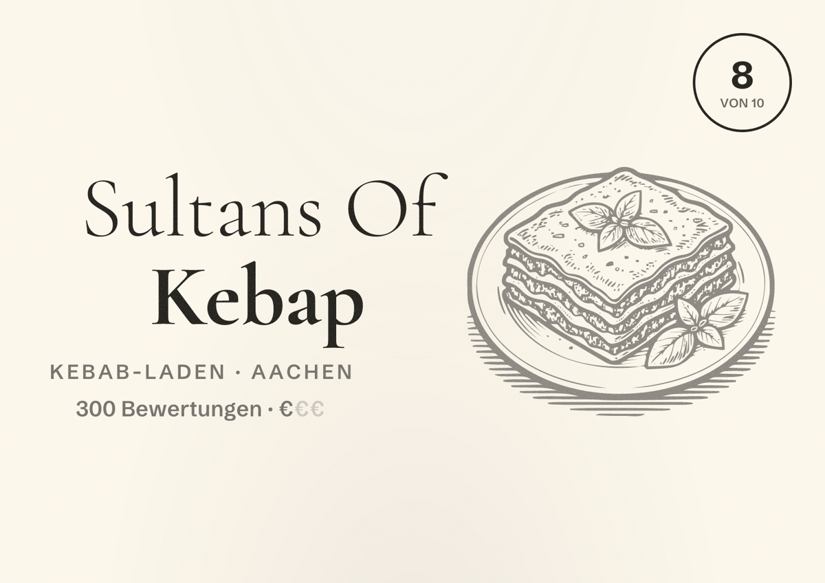Illustriertes Poster von Sultans Of Kebap, Kebab-Laden in Aachen: Bewertung 8 von 10 aus 300 Bewertungen, Preisniveau €