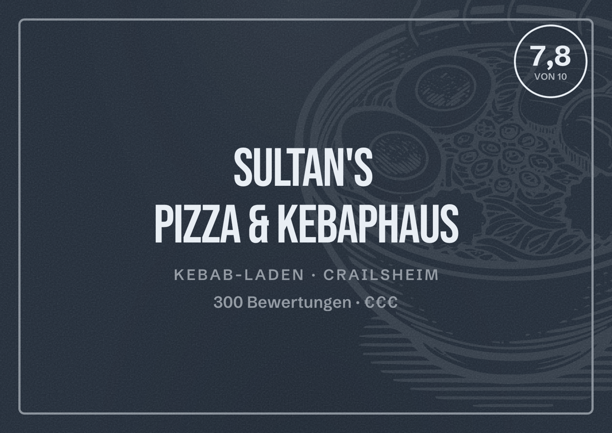 Illustriertes Poster von Sultan'S Pizza & Kebaphaus, Kebab-Laden in Crailsheim: Bewertung 7,8 von 10 aus 300 Bewertungen, Preisniveau €€€