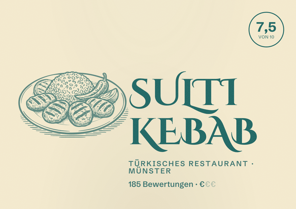 Illustriertes Poster von Sulti Kebab, Türkisches Restaurant in Münster: Bewertung 7,5 von 10 aus 185 Bewertungen, Preisniveau €