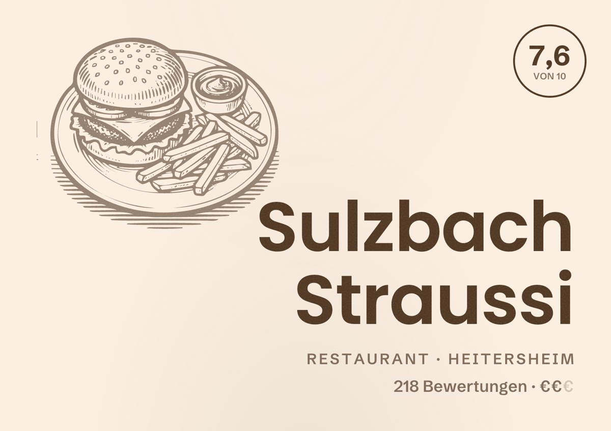 Illustriertes Poster von Sulzbach Straussi, Restaurant in Heitersheim: Bewertung 7,6 von 10 aus 218 Bewertungen, Preisniveau €€