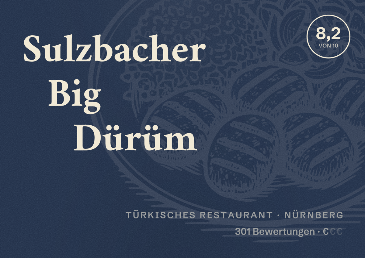 Illustriertes Poster von Sulzbacher Big Dürüm, Türkisches Restaurant in Nürnberg: Gästebewertung 8,2 von 10 aus 301 Bewertungen