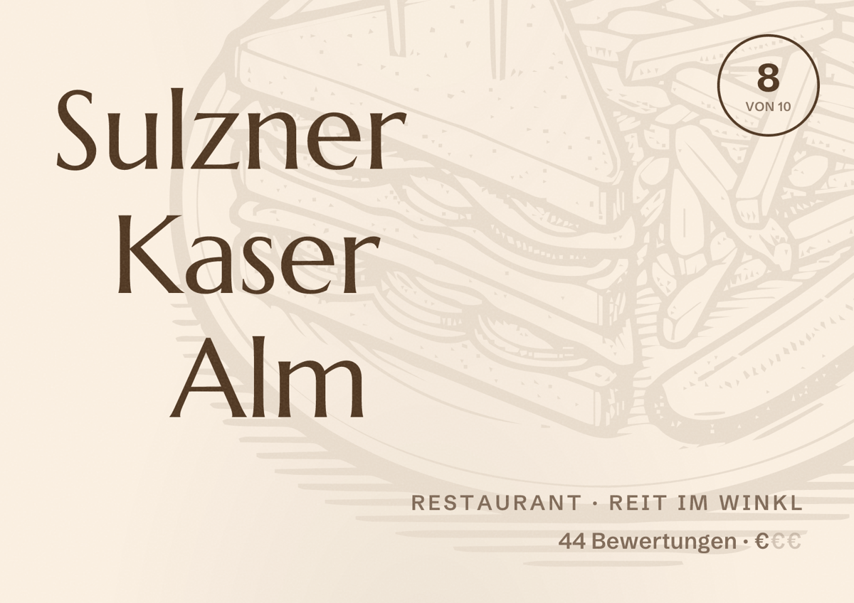 Illustriertes Poster von Sulzner Kaser Alm, Restaurant in Reit im Winkl: Bewertung 8 von 10 aus 44 Bewertungen, Preisniveau €