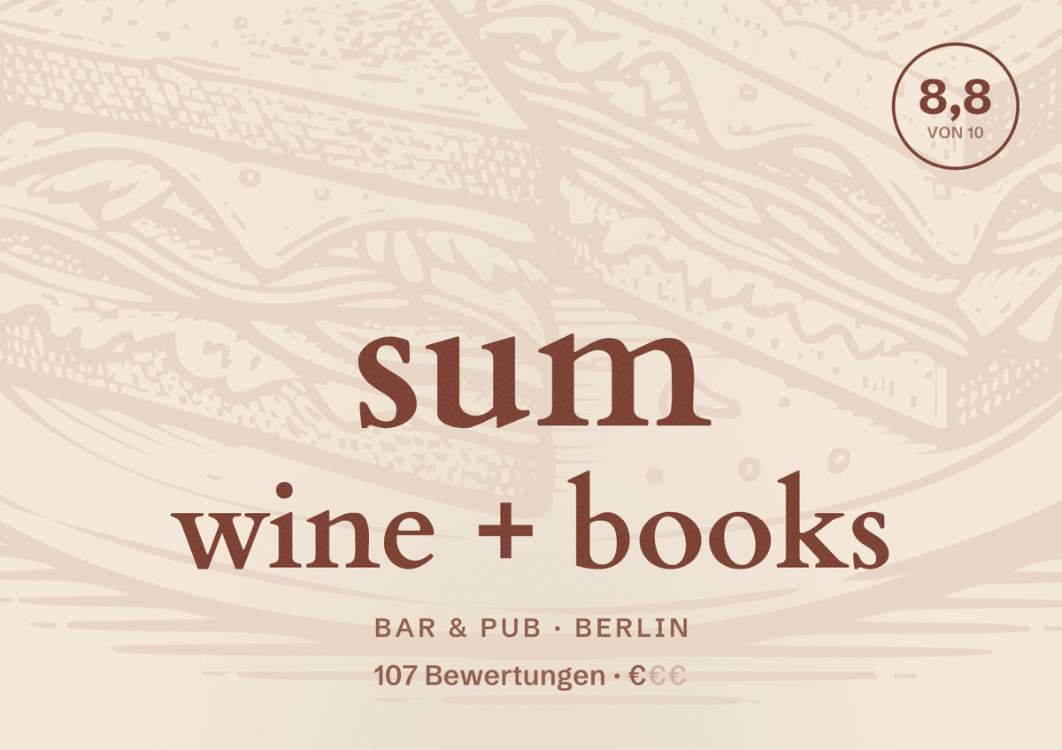 Illustriertes Poster von sum wine + books, Bar & Pub in Berlin: Bewertung 8,8 von 10 aus 107 Bewertungen, Preisniveau €