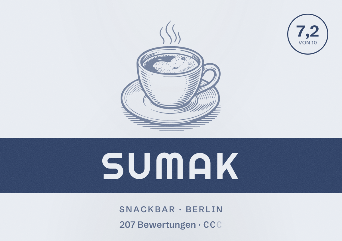 Illustriertes Poster von SUMAK, Snackbar in Berlin: Bewertung 7,2 von 10 aus 207 Bewertungen, Preisniveau €€