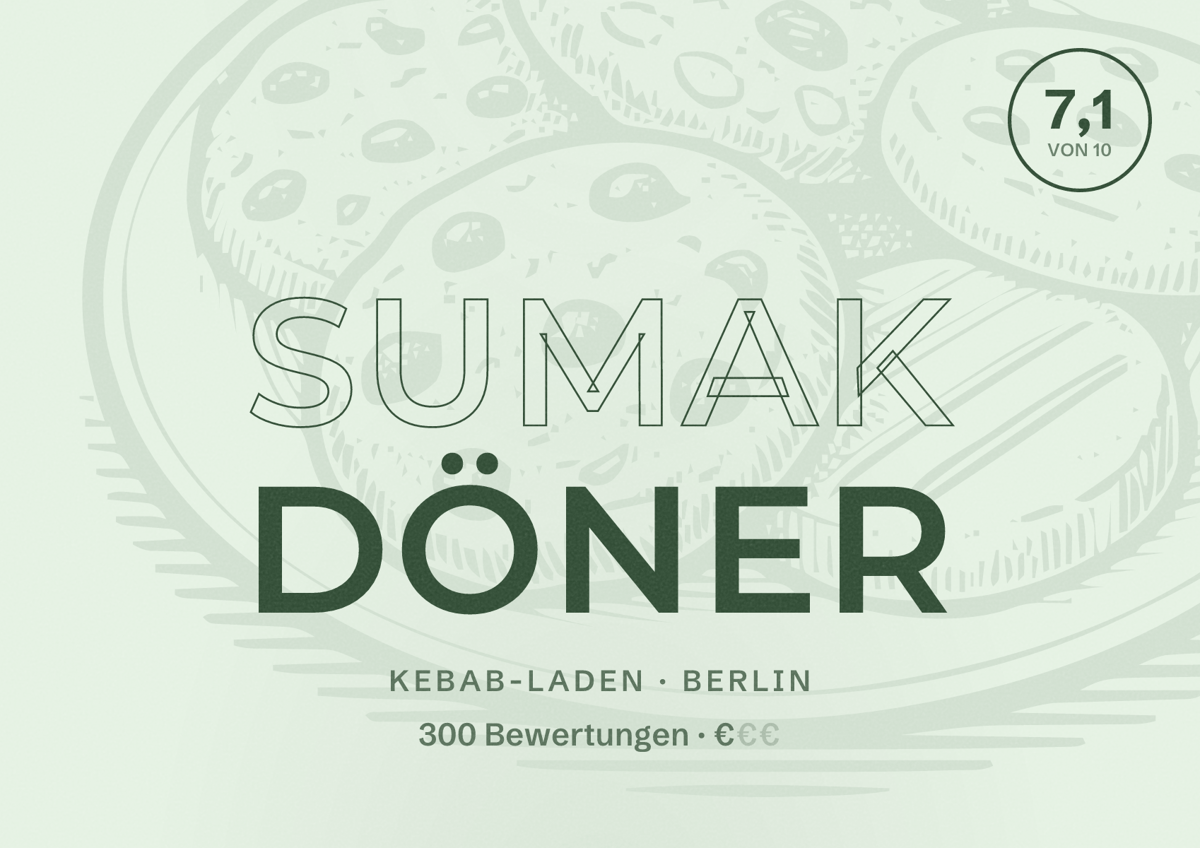 Illustriertes Poster von Sumak Döner, Kebab-Laden in Berlin: Bewertung 7,1 von 10 aus 300 Bewertungen, Preisniveau €