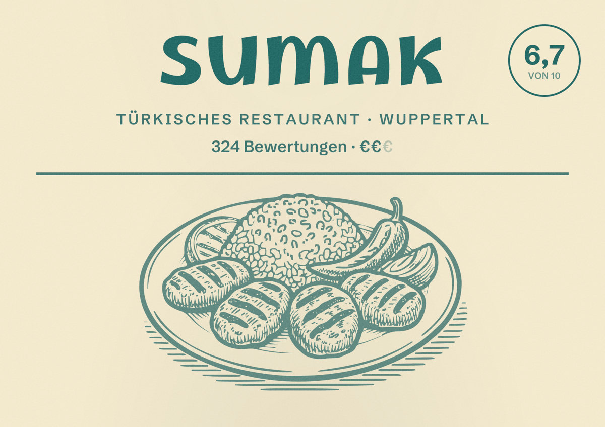 Illustriertes Poster von Sumak, Türkisches Restaurant in Wuppertal: Bewertung 6,7 von 10 aus 324 Bewertungen, Preisniveau €€