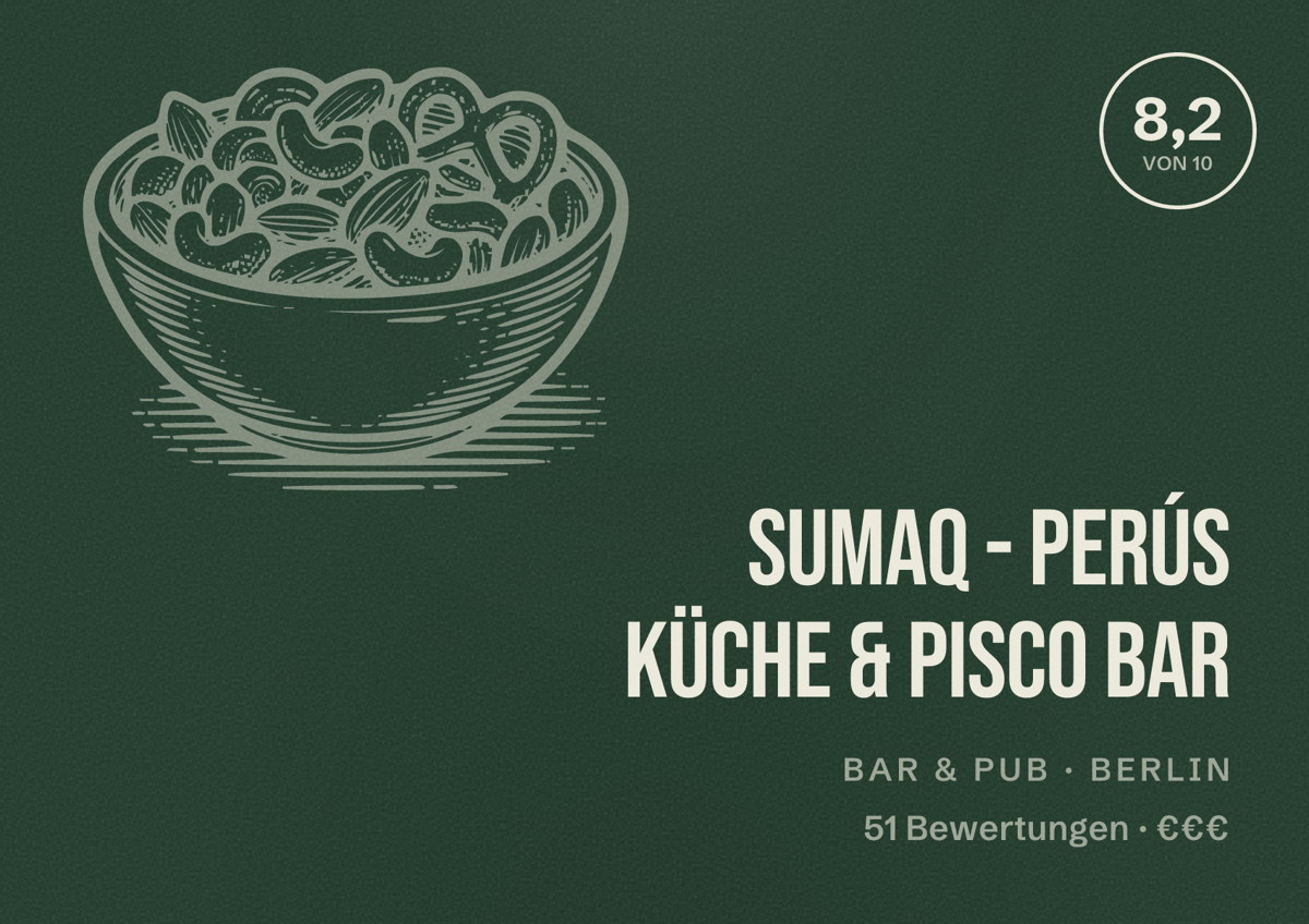 Illustriertes Poster von SUMAQ - Perús Küche & Pisco Bar, Bar & Pub in Berlin: Bewertung 8,2 von 10 aus 51 Bewertungen, Preisniveau €€€