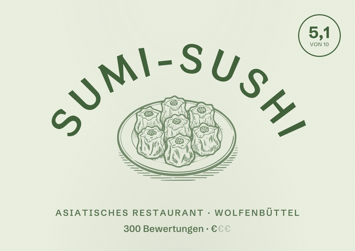 Illustriertes Poster von sumi-sushi, Asiatisches Restaurant in Wolfenbüttel: Bewertung 5,1 von 10 aus 300 Bewertungen, Preisniveau €
