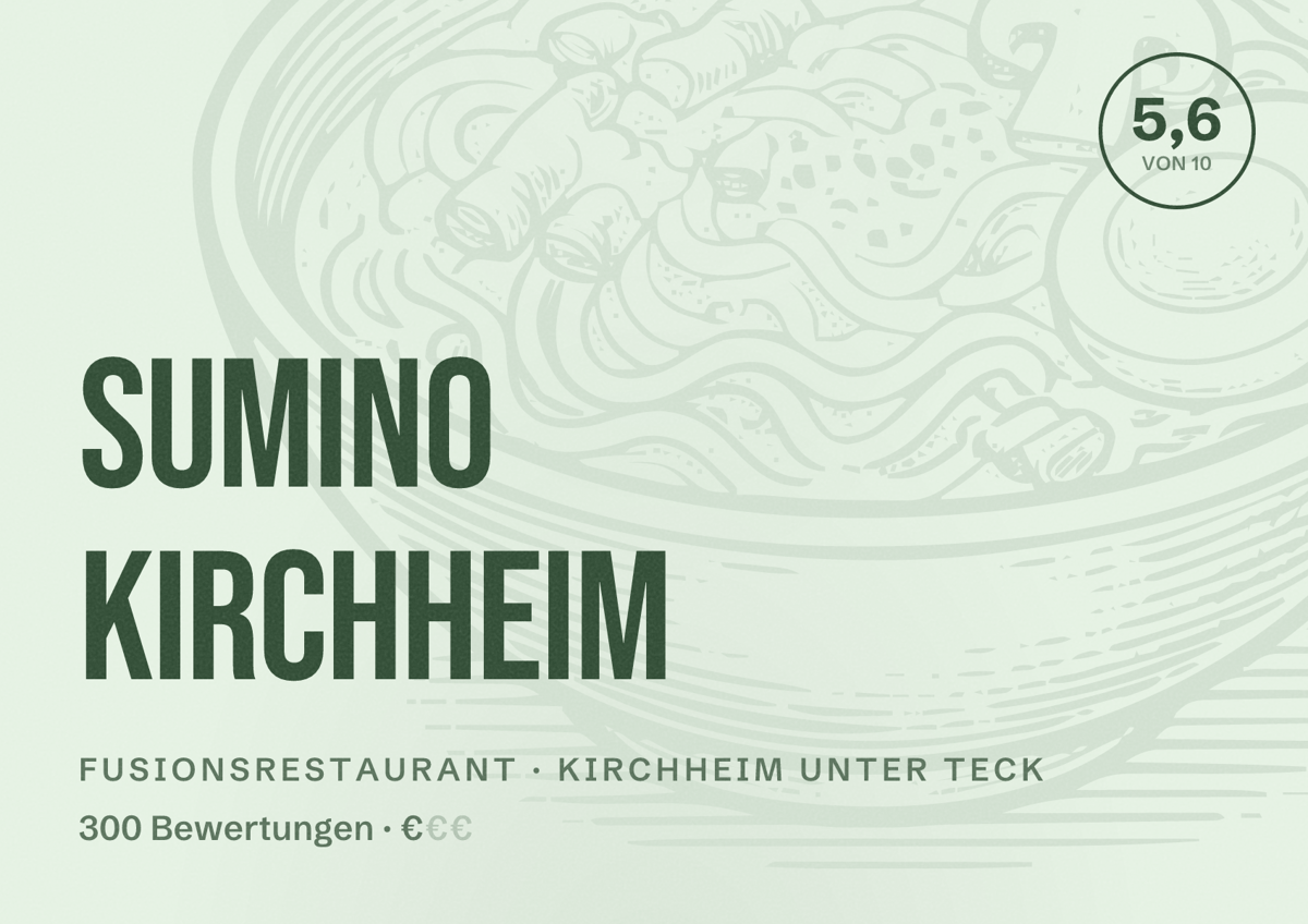 Illustriertes Poster von Sumino Kirchheim, Fusionsrestaurant in Kirchheim unter Teck: Bewertung 5,6 von 10 aus 300 Bewertungen, Preisniveau €