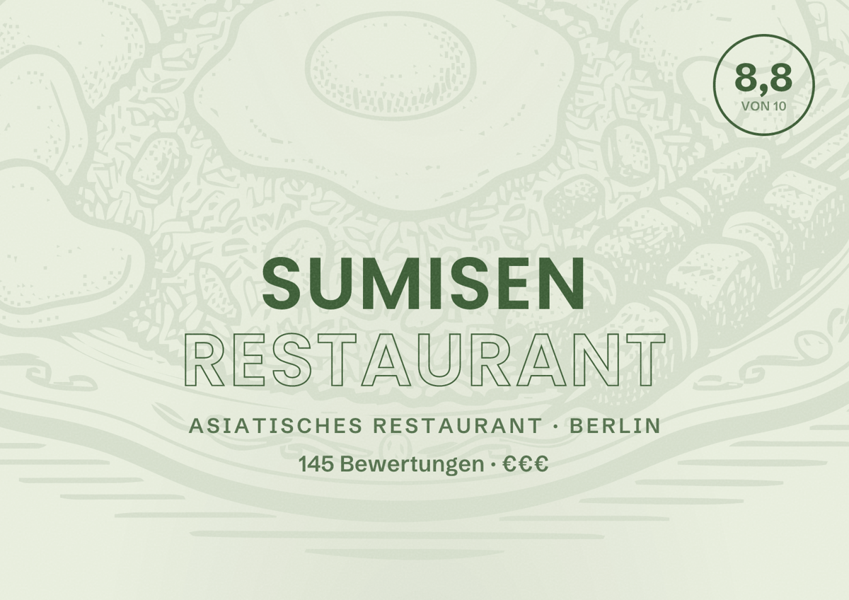 Illustriertes Poster von SumiSen Restaurant, Asiatisches Restaurant in Berlin: Bewertung 8,8 von 10 aus 145 Bewertungen, Preisniveau €€€