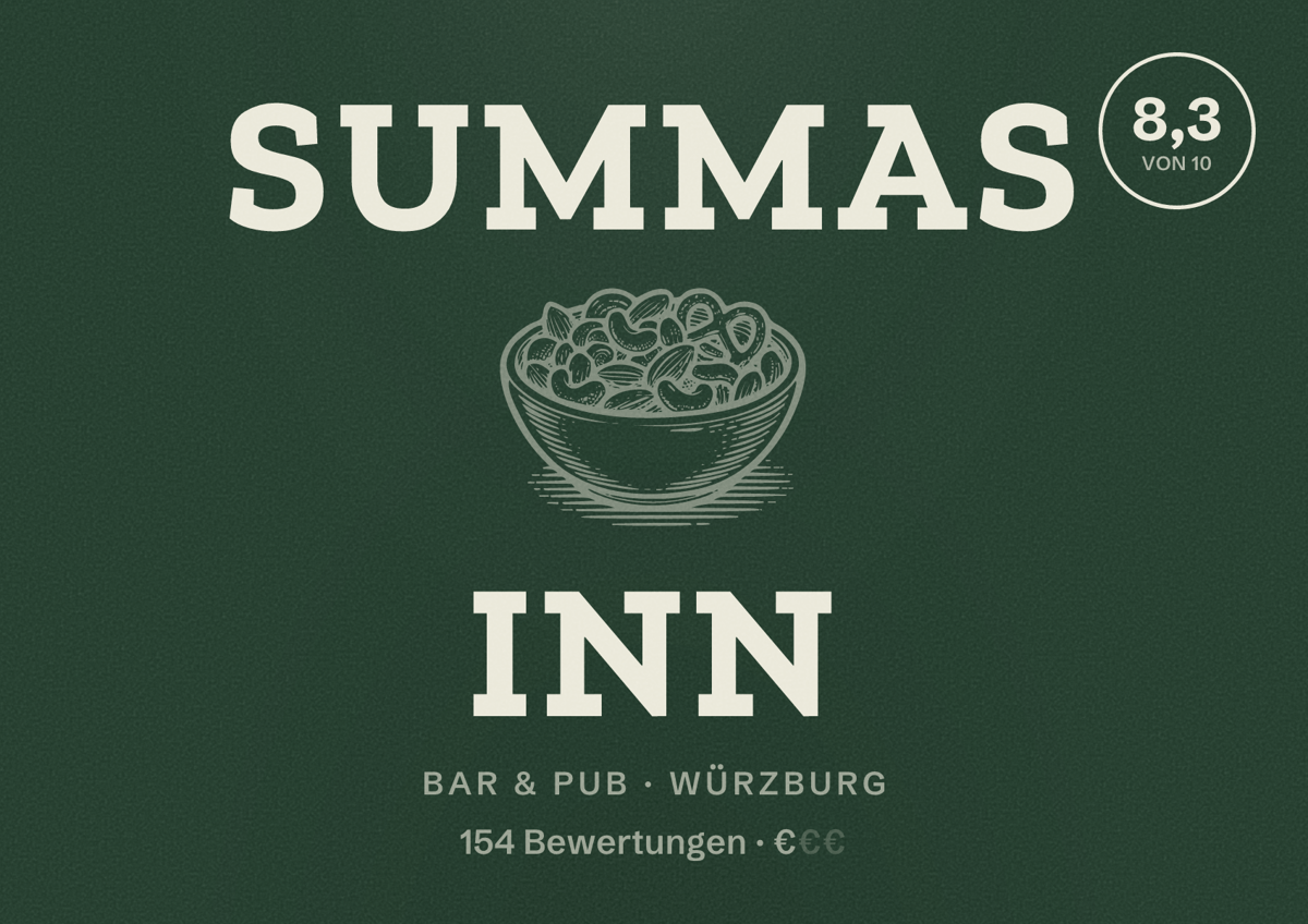 Illustriertes Poster von SUMMAs INN, Bar & Pub in Würzburg: Bewertung 8,3 von 10 aus 154 Bewertungen, Preisniveau €