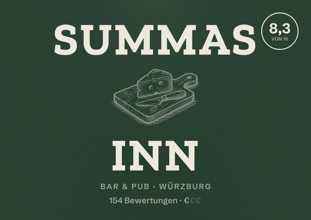 Illustriertes Poster von SUMMAs INN, Bar & Pub in Würzburg: Bewertung 8,3 von 10 aus 154 Bewertungen, Preisniveau €