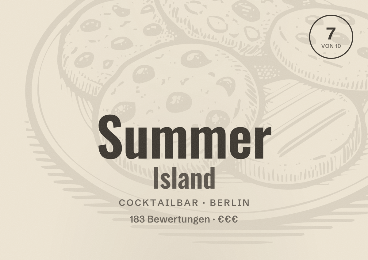 Illustriertes Poster von Summer Island, Cocktailbar in Berlin: Bewertung 7,0 von 10 aus 183 Bewertungen, Preisniveau €€€