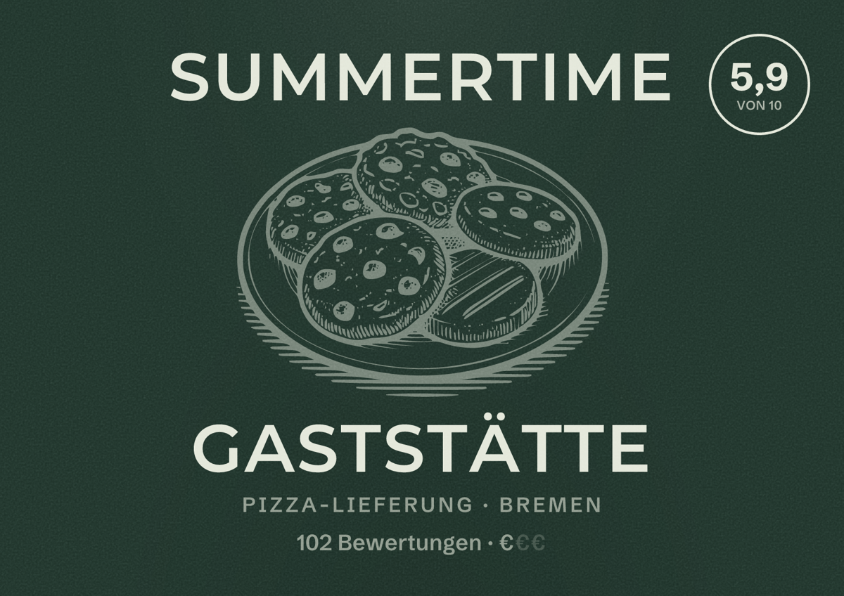Illustriertes Poster von Summertime Gaststätte, Pizza-Lieferung in Bremen: Bewertung 5,9 von 10 aus 102 Bewertungen, Preisniveau €