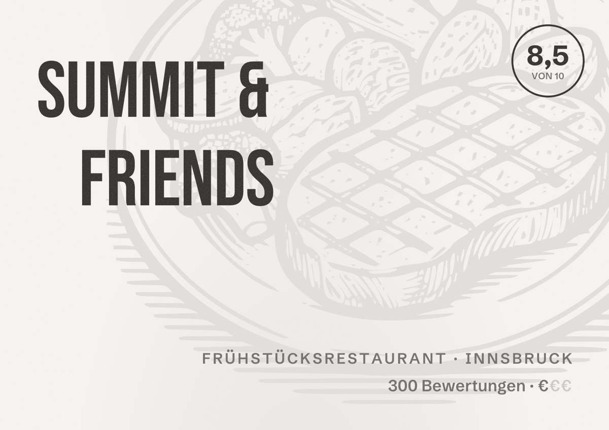 Illustriertes Poster von Summit & Friends, Frühstücksrestaurant in Innsbruck: Bewertung 8,5 von 10 aus 300 Bewertungen, Preisniveau €