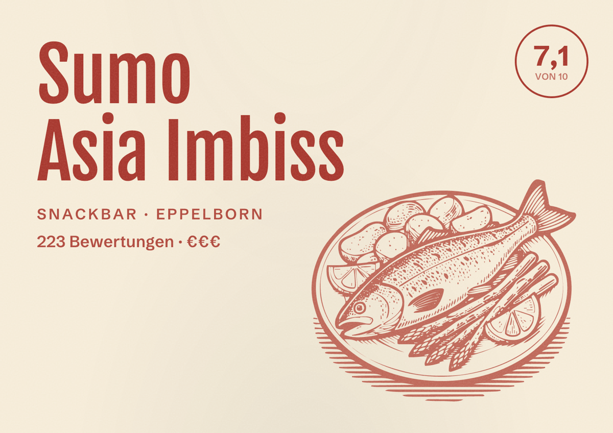 Illustriertes Poster von Sumo Asia Imbiss, Snackbar in Eppelborn: Bewertung 7,1 von 10 aus 223 Bewertungen, Preisniveau €€€