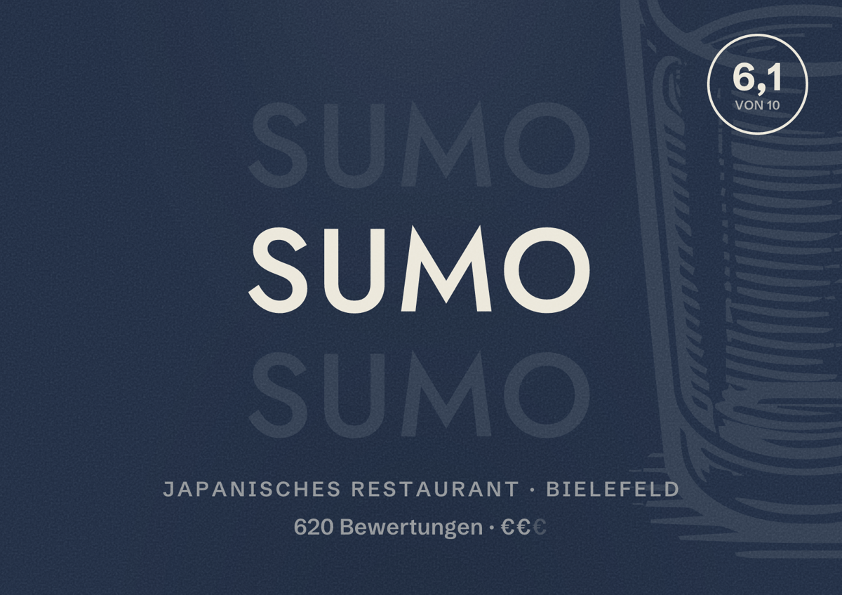 Illustriertes Poster von SUMO, Japanisches Restaurant in Bielefeld: Bewertung 6,1 von 10 aus 620 Bewertungen, Preisniveau €€