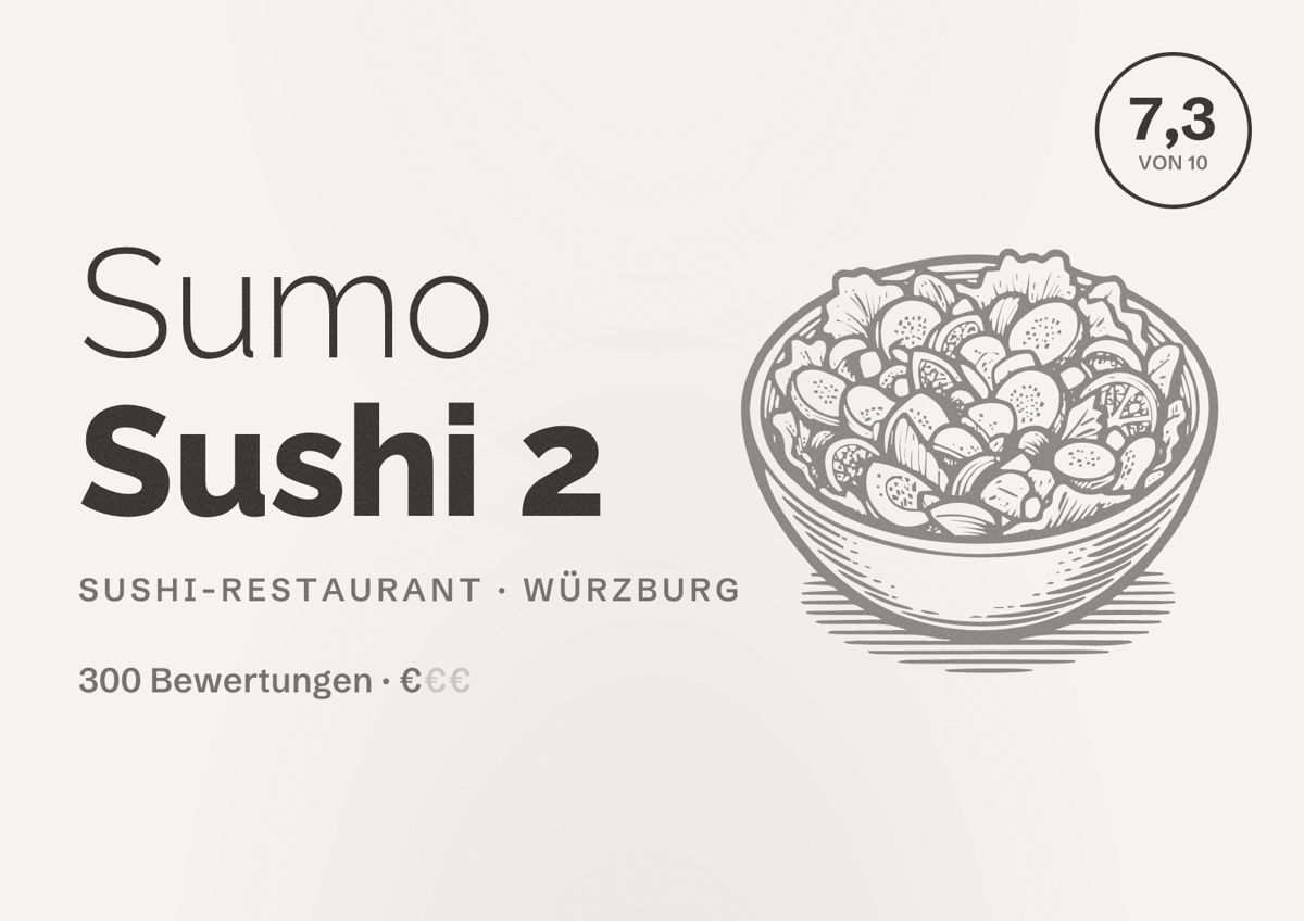 Illustriertes Poster von Sumo Sushi 2, Sushi-Restaurant in Würzburg: Bewertung 7,3 von 10 aus 300 Bewertungen, Preisniveau €