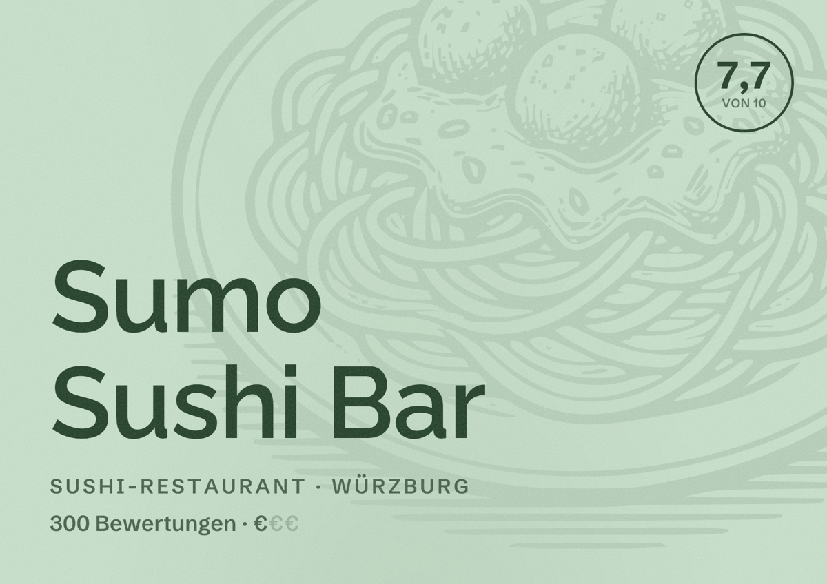 Illustriertes Poster von Sumo Sushi Bar, Sushi-Restaurant in Würzburg: Bewertung 7,7 von 10 aus 300 Bewertungen, Preisniveau €