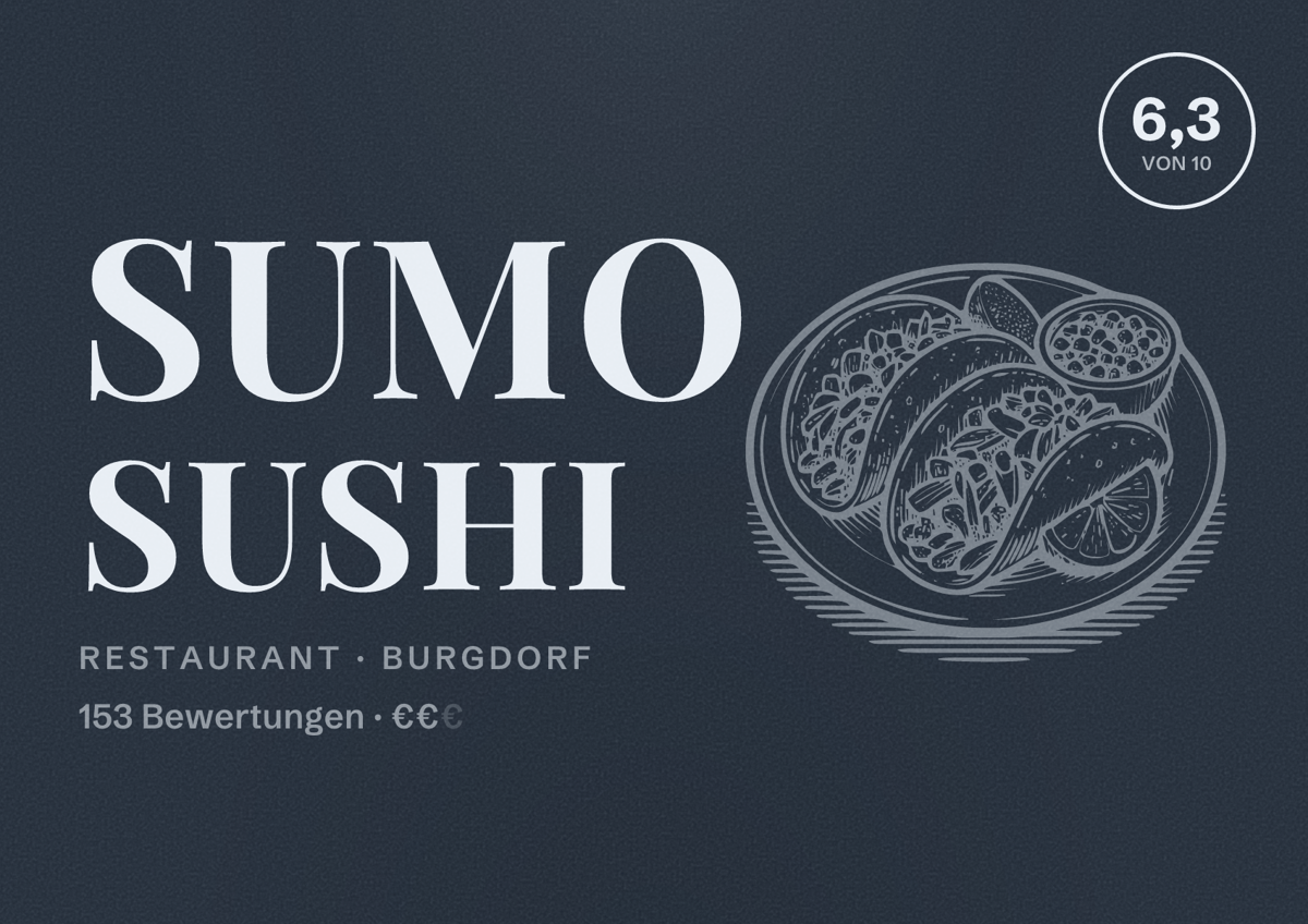 Illustriertes Poster von Sumo Sushi, Restaurant in Burgdorf: Bewertung 6,3 von 10 aus 153 Bewertungen, Preisniveau €€