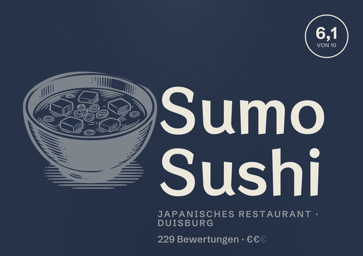 Illustriertes Poster von Sumo Sushi, Japanisches Restaurant in Duisburg: Bewertung 6,1 von 10 aus 229 Bewertungen, Preisniveau €€