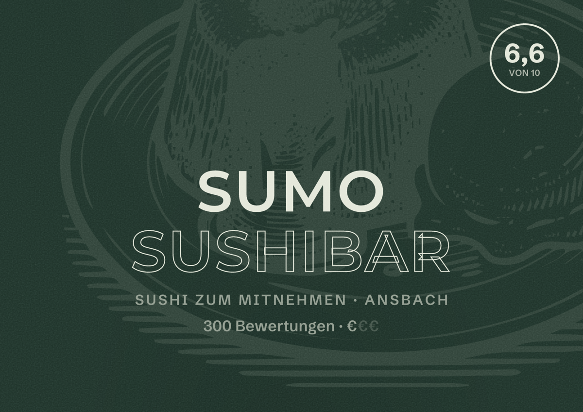 Illustriertes Poster von Sumo Sushibar, Sushi zum Mitnehmen in Ansbach: Bewertung 6,6 von 10 aus 300 Bewertungen, Preisniveau €
