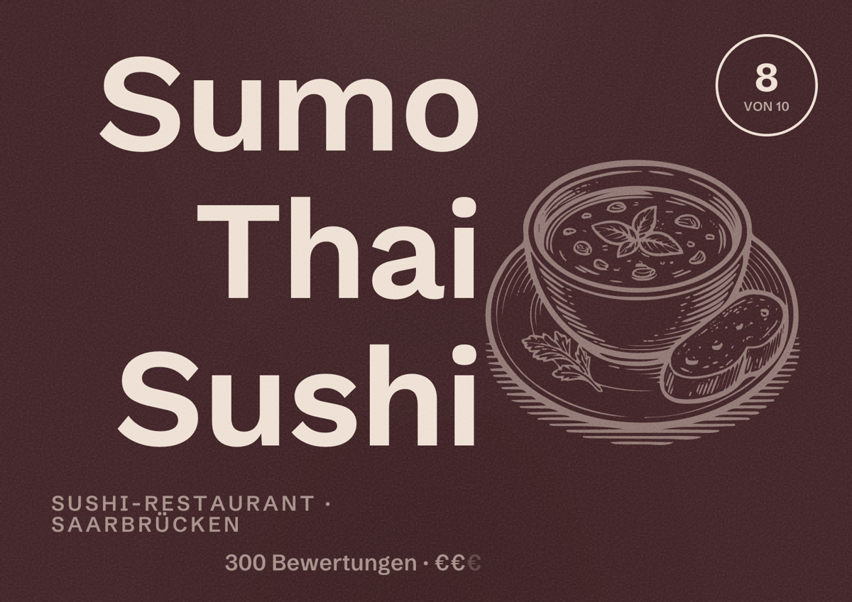 Illustriertes Poster von Sumo Thai Sushi, Sushi-Restaurant in Saarbrücken: Bewertung 8 von 10 aus 300 Bewertungen, Preisniveau €€
