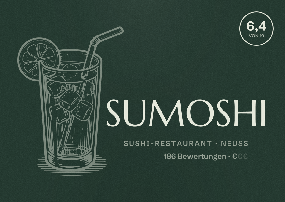 Illustriertes Poster von SUMOSHI, Sushi-Restaurant in Neuss: Bewertung 6,4 von 10 aus 186 Bewertungen, Preisniveau €