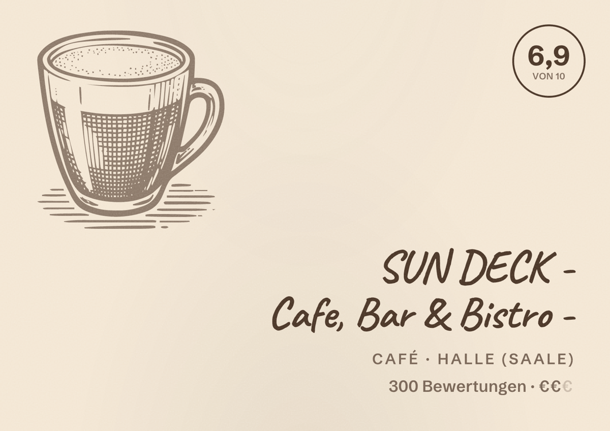 Illustriertes Poster von SUN DECK - Cafe, Bar & Bistro -, Café in Halle (Saale): Bewertung 6,9 von 10 aus 300 Bewertungen, Preisniveau €€