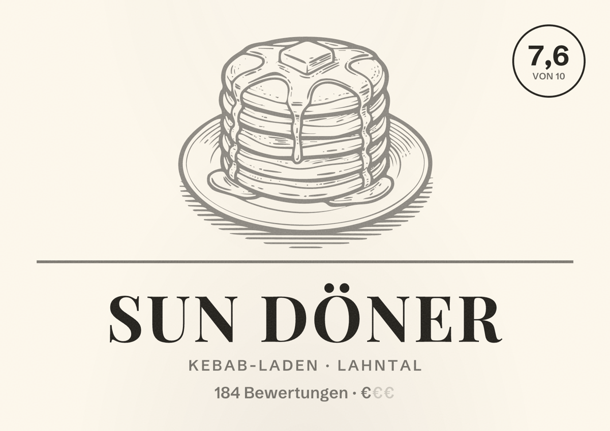 Illustriertes Poster von Sun Döner, Kebab-Laden in Lahntal: Bewertung 7,6 von 10 aus 184 Bewertungen, Preisniveau €