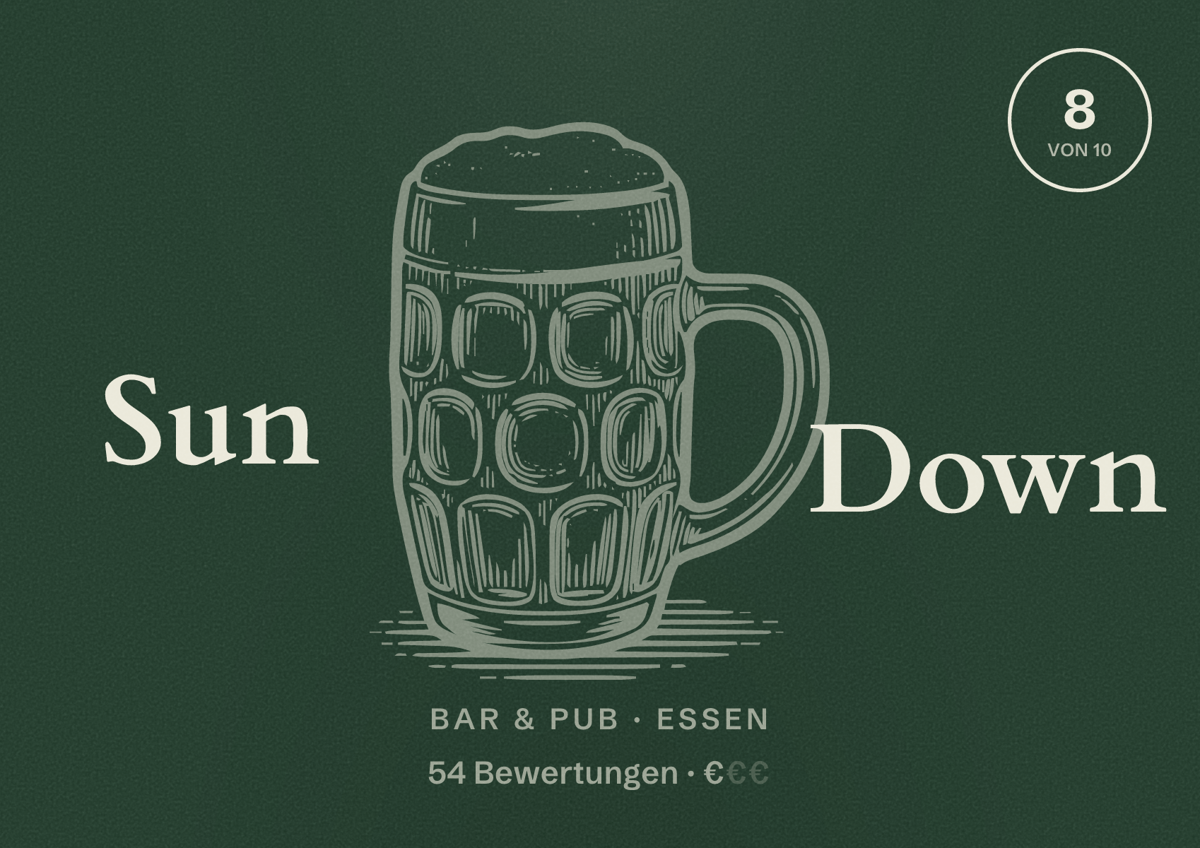 Illustriertes Poster von Sun Down, Bar & Pub in Essen: Bewertung 8 von 10 aus 54 Bewertungen, Preisniveau €