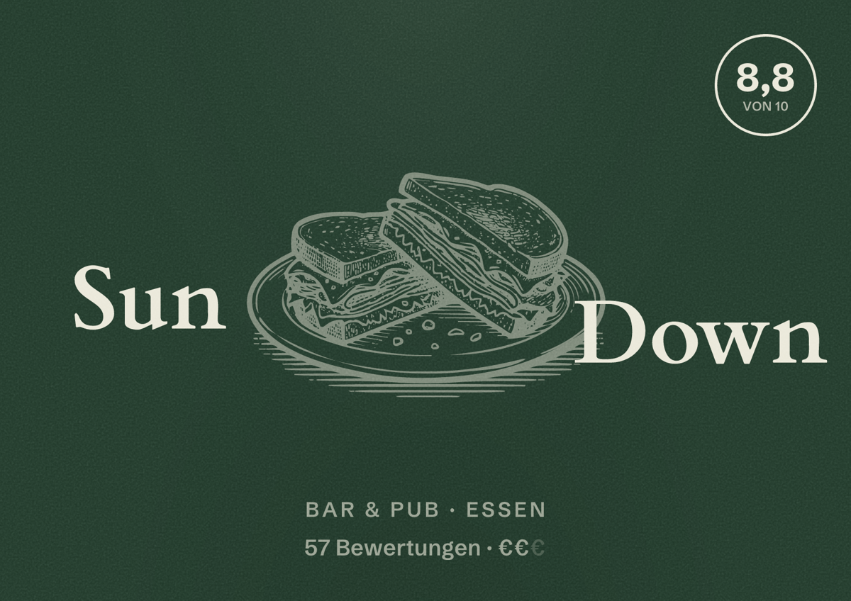 Illustriertes Poster von Sun Down, Bar & Pub in Essen: Bewertung 8,8 von 10 aus 57 Bewertungen, Preisniveau €€