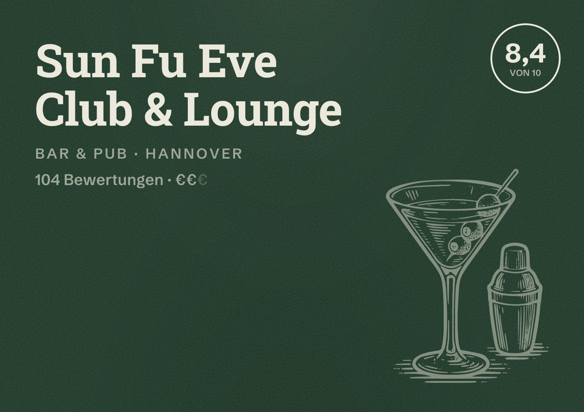 Illustriertes Poster von Sun Fu Eve Club & Lounge, Bar & Pub in Hannover: Bewertung 8,4 von 10 aus 104 Bewertungen, Preisniveau €€