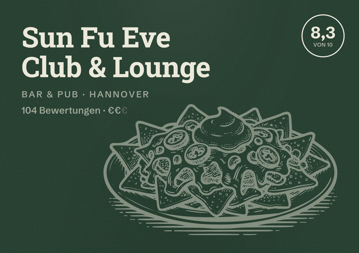 Illustriertes Poster von Sun Fu Eve Club & Lounge, Bar & Pub in Hannover: Gästebewertung 8,3 von 10 aus 104 Bewertungen