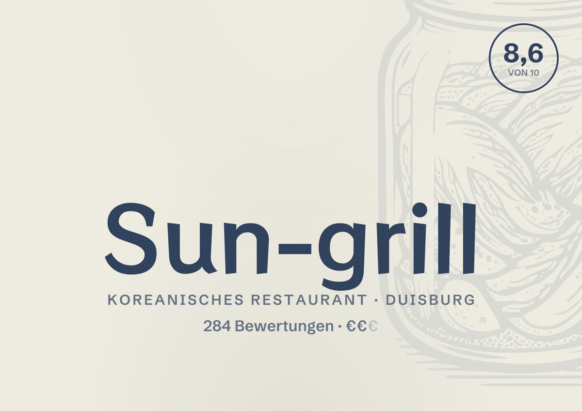 Illustriertes Poster von Sun-grill, Koreanisches Restaurant in Duisburg: Bewertung 8,6 von 10 aus 284 Bewertungen, Preisniveau €€