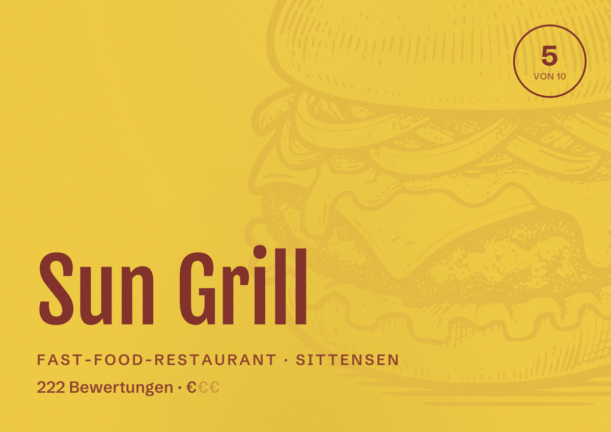 Illustriertes Poster von Sun Grill, Fast-Food-Restaurant in Sittensen: Bewertung 5 von 10 aus 222 Bewertungen, Preisniveau €