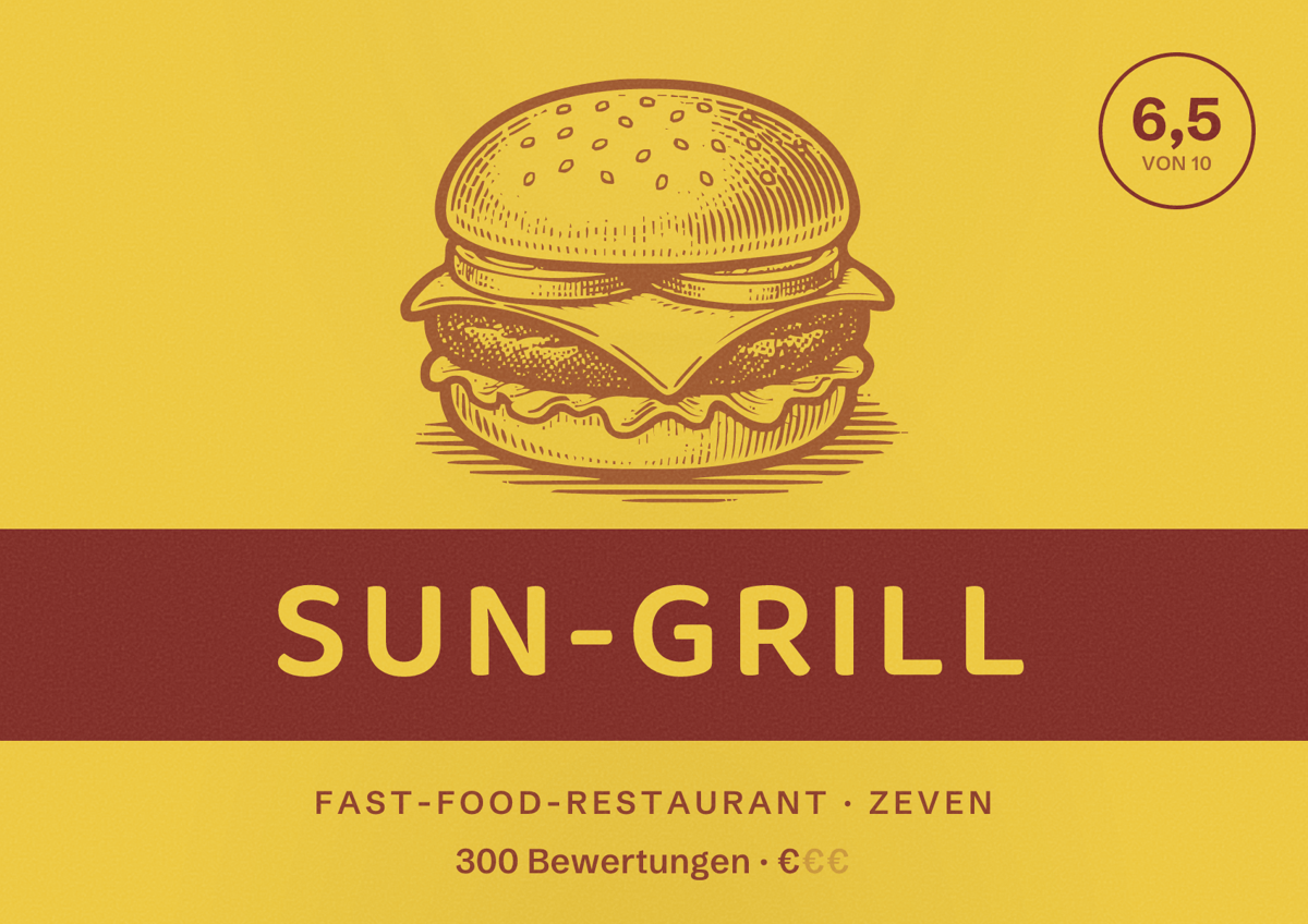 Illustriertes Poster von Sun-Grill, Fast-Food-Restaurant in Zeven: Bewertung 6,5 von 10 aus 300 Bewertungen, Preisniveau €