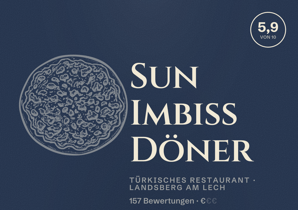 Illustriertes Poster von Sun Imbiss Döner, Türkisches Restaurant in Landsberg am Lech: Bewertung 5,9 von 10 aus 157 Bewertungen, Preisniveau €