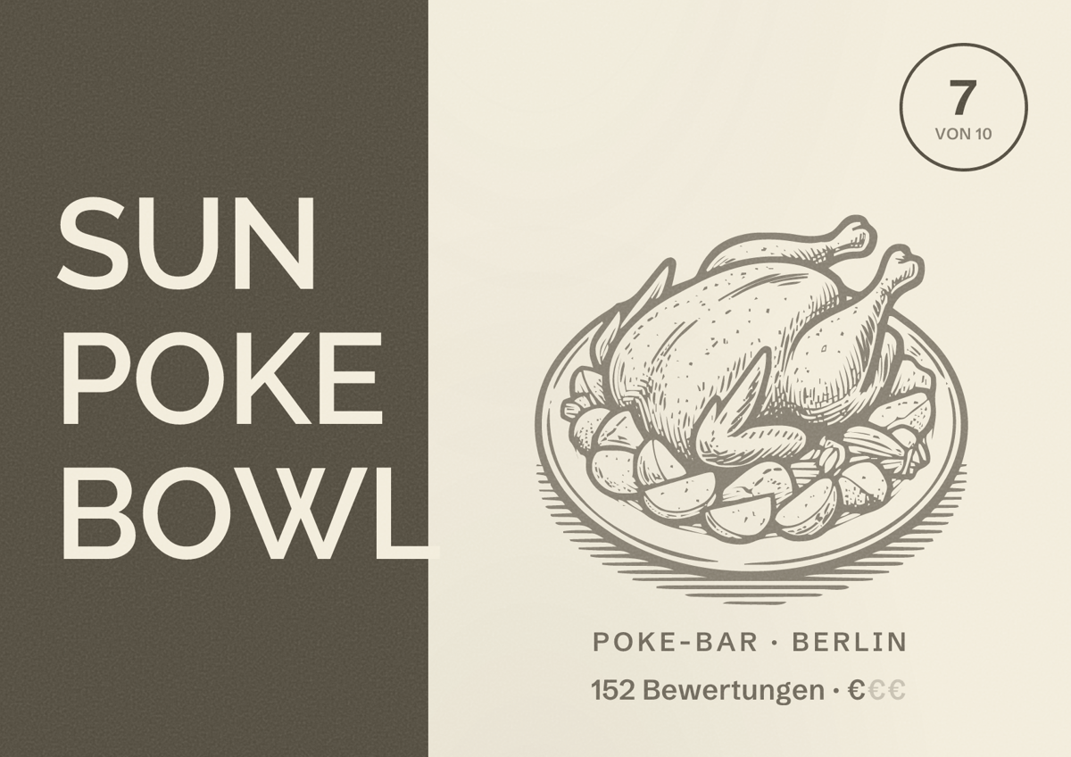 Illustriertes Poster von SUN POKE BOWL, Poke-Bar in Berlin: Bewertung 7,0 von 10 aus 152 Bewertungen, Preisniveau €