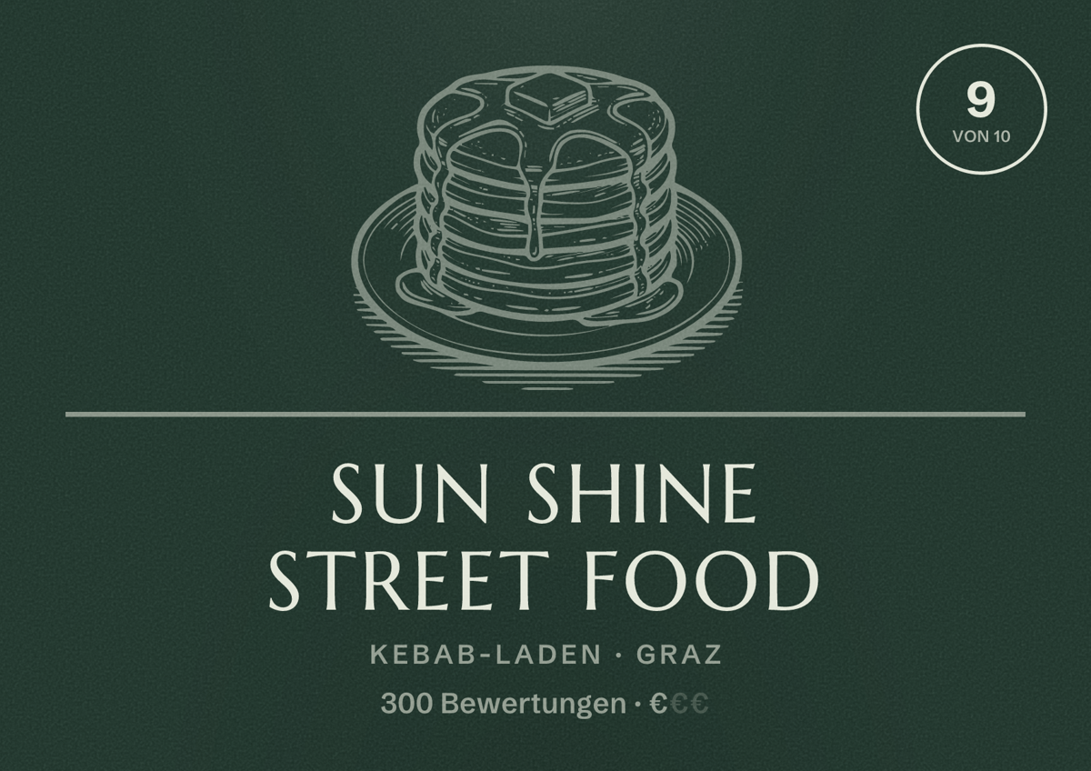 Illustriertes Poster von Sun Shine Street Food, Kebab-Laden in Graz: Bewertung 9 von 10 aus 300 Bewertungen, Preisniveau €