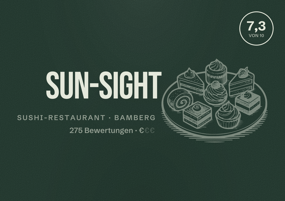 Illustriertes Poster von Sun-sight, Sushi-Restaurant in Bamberg: Bewertung 7,3 von 10 aus 275 Bewertungen, Preisniveau €