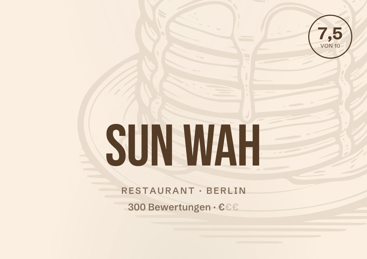 Illustriertes Poster von Sun Wah, Restaurant in Berlin: Bewertung 7,5 von 10 aus 300 Bewertungen, Preisniveau €