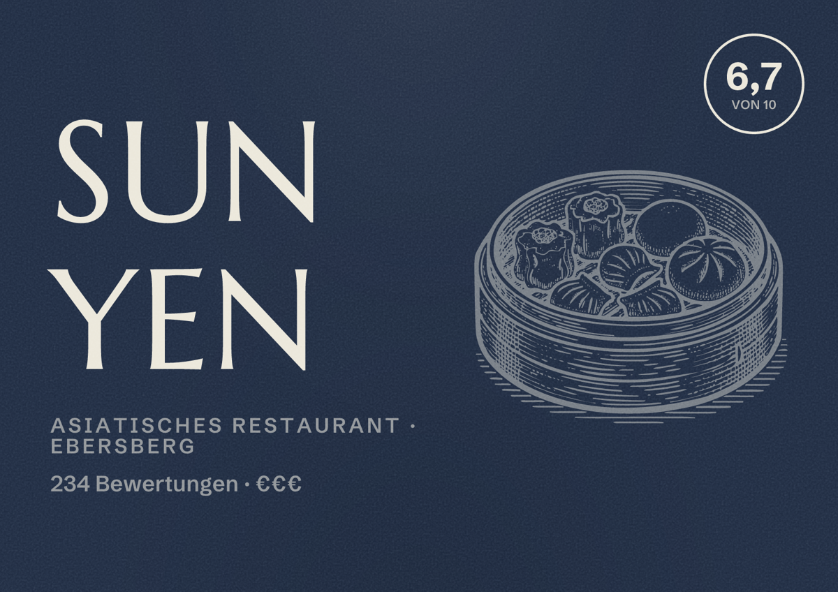 Illustriertes Poster von Sun Yen, Asiatisches Restaurant in Ebersberg: Bewertung 6,7 von 10 aus 234 Bewertungen, Preisniveau €€€