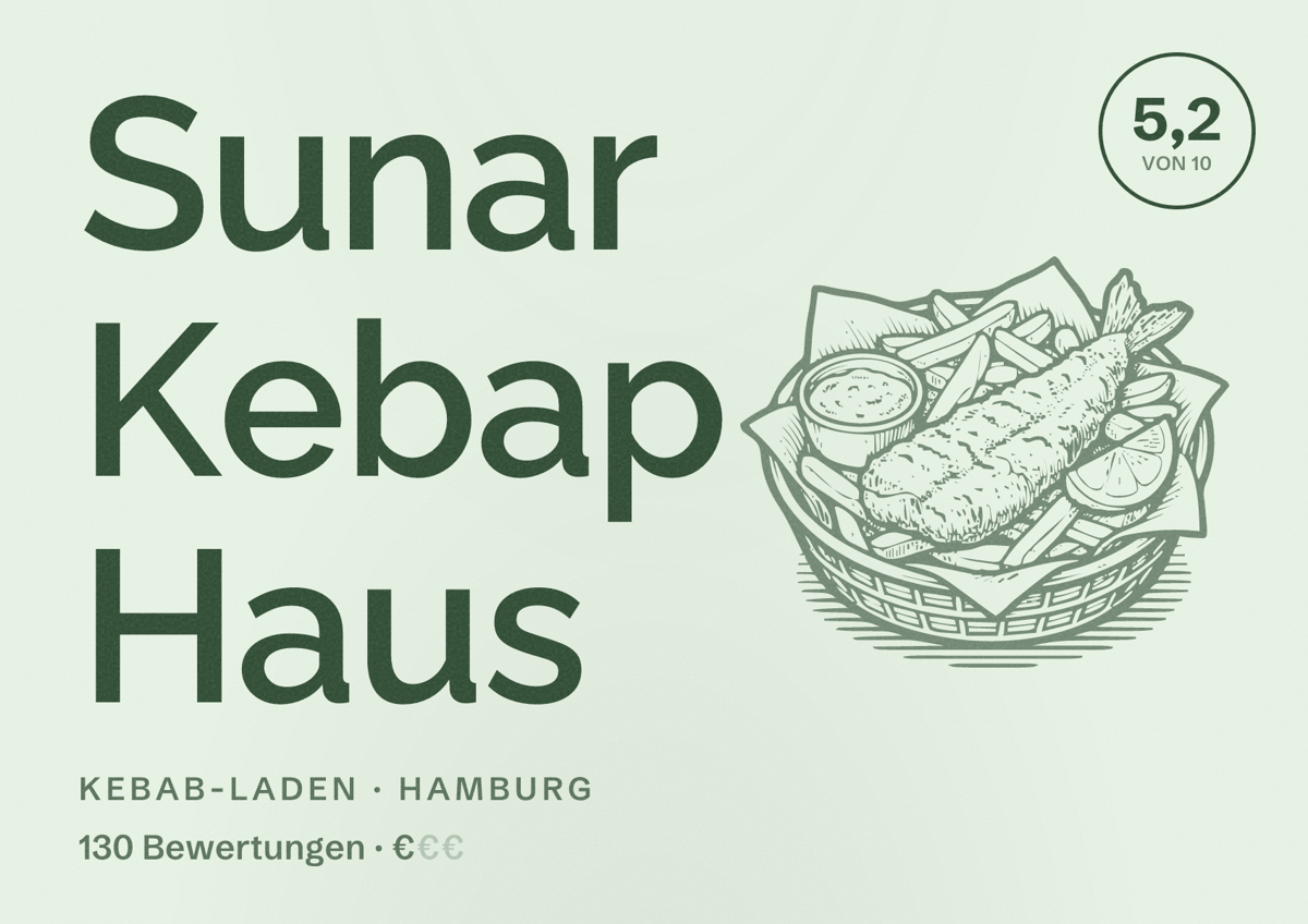 Illustriertes Poster von Sunar Kebap Haus, Kebab-Laden in Hamburg: Bewertung 5,2 von 10 aus 130 Bewertungen, Preisniveau €