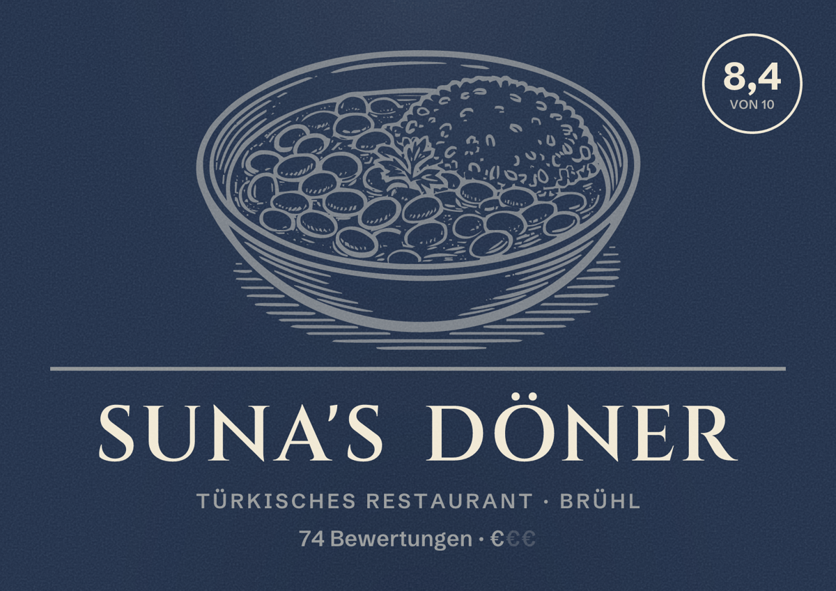 Illustriertes Poster von Suna's Döner, Türkisches Restaurant in Brühl: Bewertung 8,4 von 10 aus 74 Bewertungen, Preisniveau €