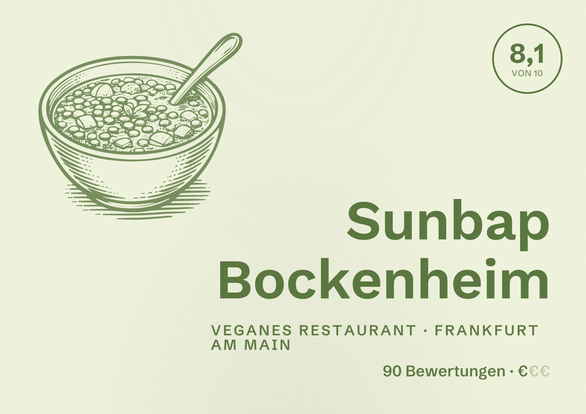 Illustriertes Poster von Sunbap Bockenheim, Veganes Restaurant in Frankfurt am Main: Bewertung 8,1 von 10 aus 90 Bewertungen, Preisniveau €