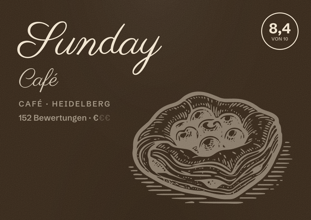 Illustriertes Poster von Sunday Café, Café in Heidelberg: Bewertung 8,4 von 10 aus 152 Bewertungen, Preisniveau €