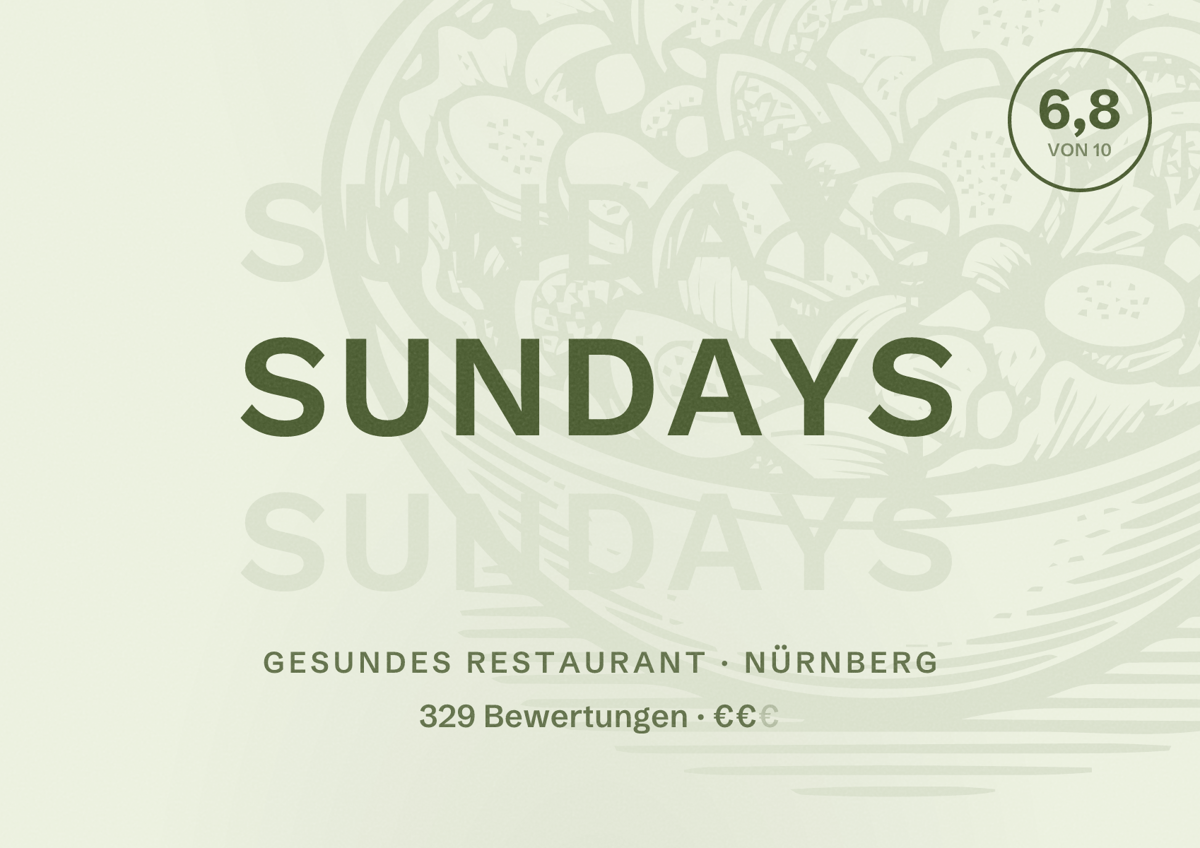 Illustriertes Poster von SUNDAYS, Gesundes Restaurant in Nürnberg: Gästebewertung 6,8 von 10 aus 329 Bewertungen